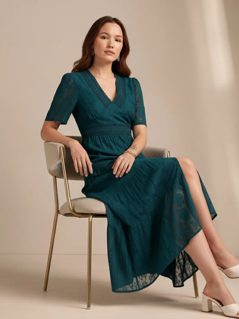 OUTZIDR Teal Plunge Neck Jacquard Tiered Dress With Lace Detail
